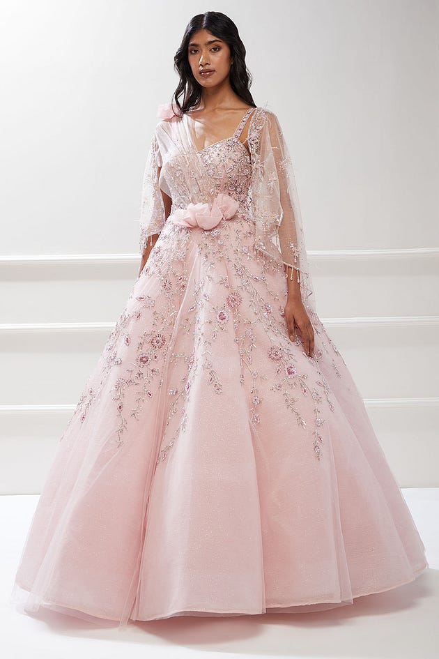 Pale Pink Sequins Embroidered Net Cocktail Gown-HE5005