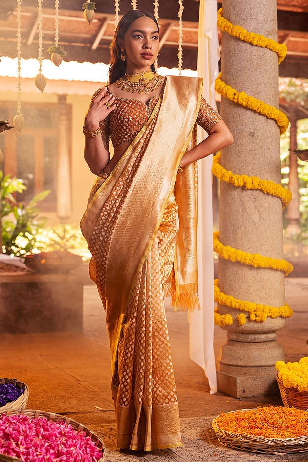 Orange & Gold Dual Tone Zari Woven Festive Wear Banarasi Tissue Organza Saree, Banarasi organza saree, organza silk saree, Banarasi silk saree, Golden color saree, golden silk saree