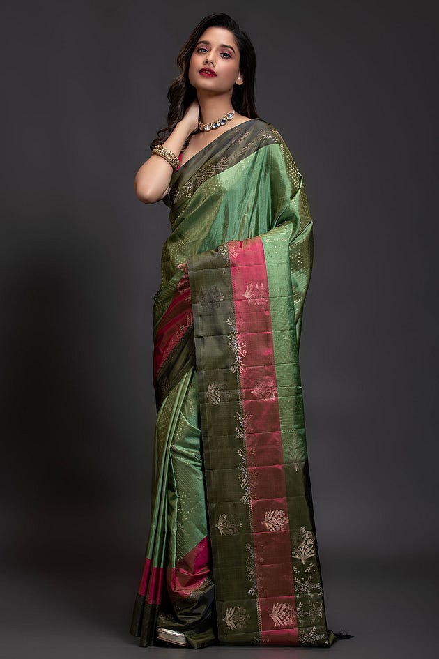 Spinach Green Zari Woven Silk Saree With Unstitched Blouse from Samyakk for this Independence day
