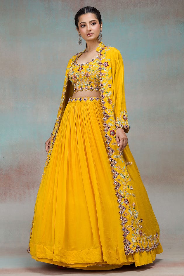 Golden Yellow Thread Embroidered Raw Silk Jacket Lehengas from samyakk which can also be used as a Bridesmaid Lehenga