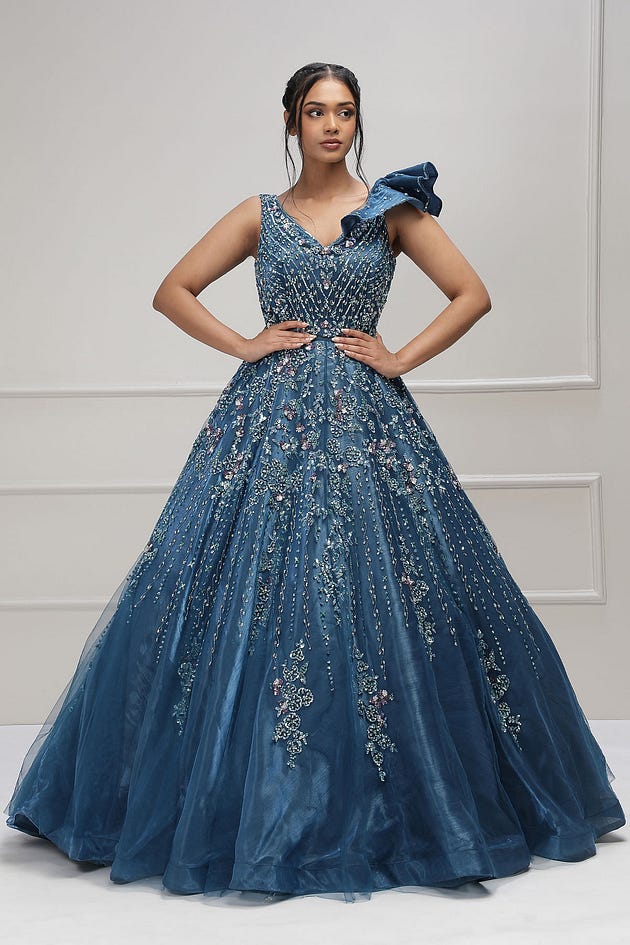 Steel Blue Sequins Embroidered Net Cocktail Gown-HF1759