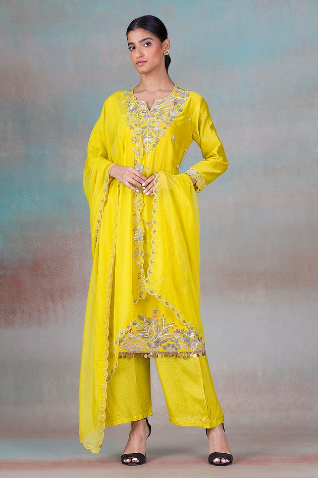 Blazing Yellow Sequins Embroidered Silk Palazzo Suit -NF5725