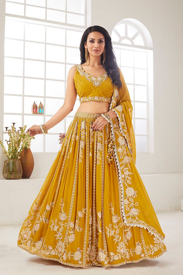 Spectra Yellow Sequins Embroidered Georgette Crop Top Lehenga from samyakk