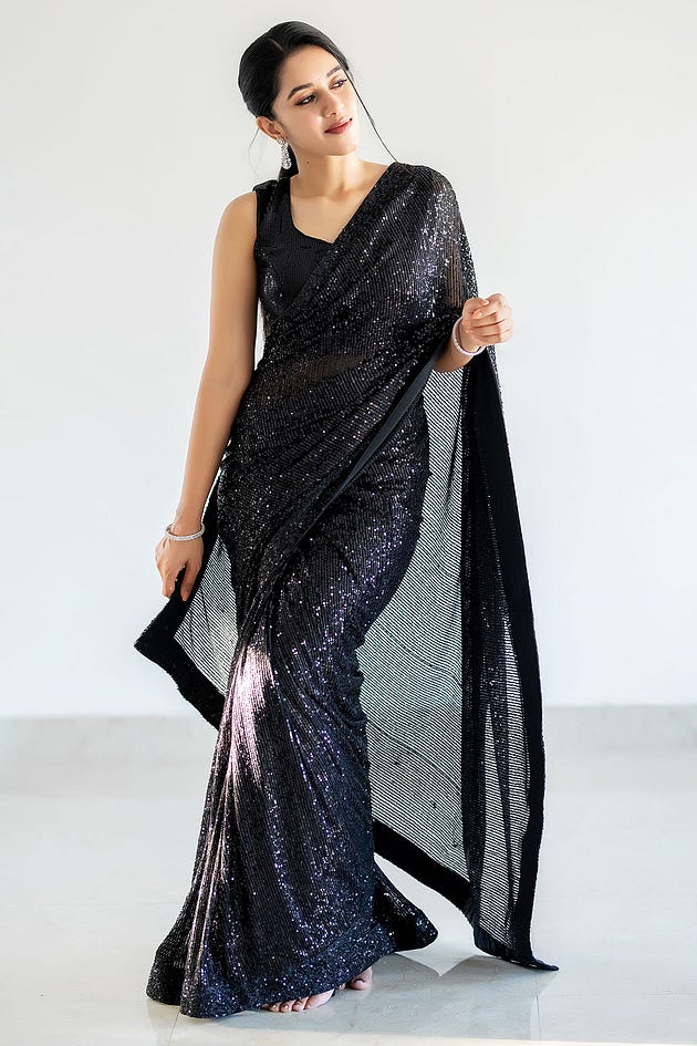 Actress Mrinalini Ravi looking gorgeous in Black Sequins Embroidered Net Saree, Net saree, Black sarees, Actress Mrinalini Ravi in a Black saree, Mrinalini in black saree, Designer Saree, Black designer saree