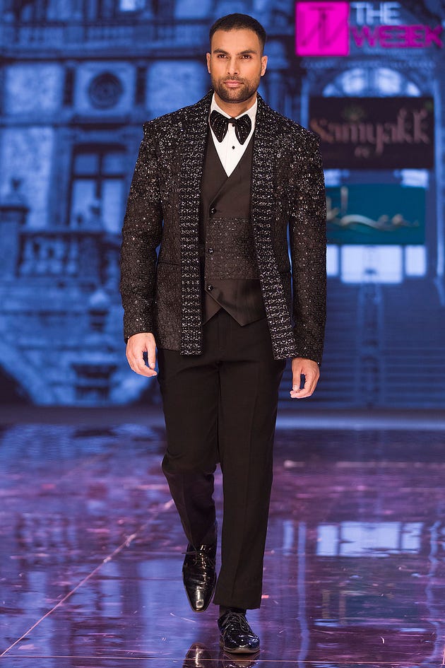 Black Resham Embroidered Silk Tuxedo Suits | Tuxedo Suits | Tuxedo suits for wedding | Tuxedo Suits for men | Suits for wedding | Black suits for wedding | Black Suits | Embroidered suits