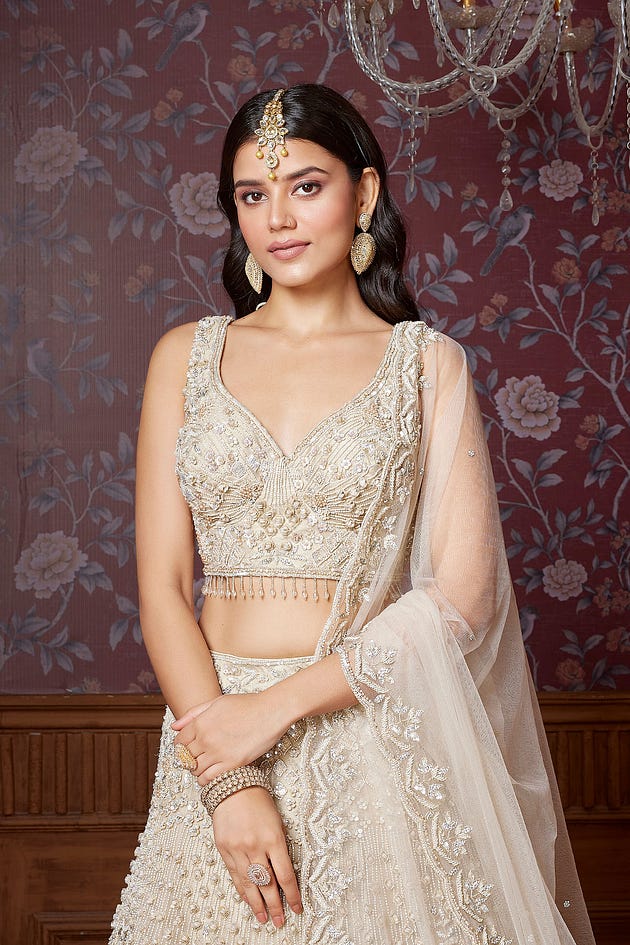 Designer Lehengas in USA, Beige Designer Lehenga with Sequins Embroidery and Leaf Neck Blouse