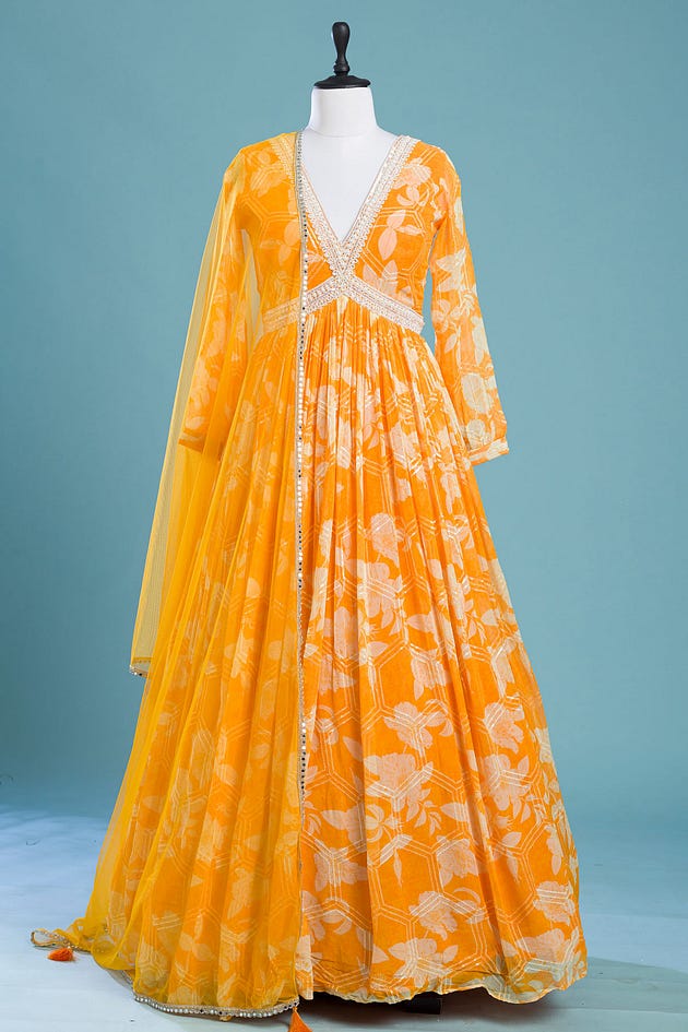 Orange Georgette Anarkali Suit with Pearl Work and Broad V Neck-GF3643