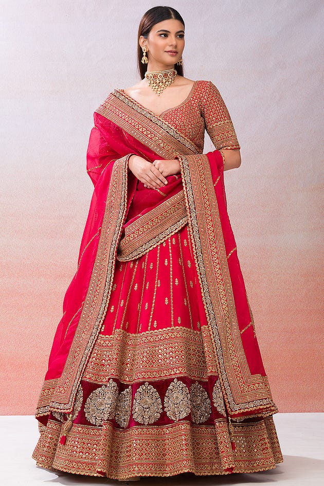 Crimson Red Sequins Embroidered Silk Wedding Lehenga from samyakk