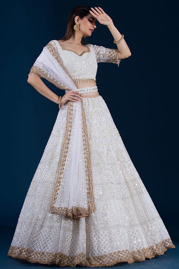 Exclusive Bridal Lehengas for UK Brides, Off-White Sequins Embroidered Net Exclusive Bridal Lehenga