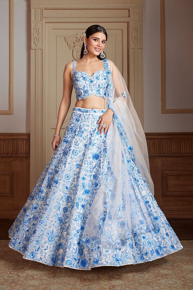White Umbrella Style Net Bridesmaids Lehenga With Embroidered Sweet Heart Neck Blouse, Party Lehenga, Blue Lehenga