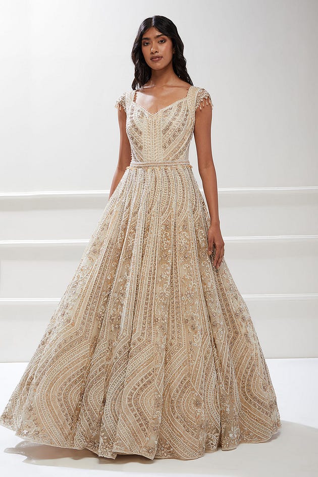 Cream Pearl Embroidered Net Bridal Gown-HE5012