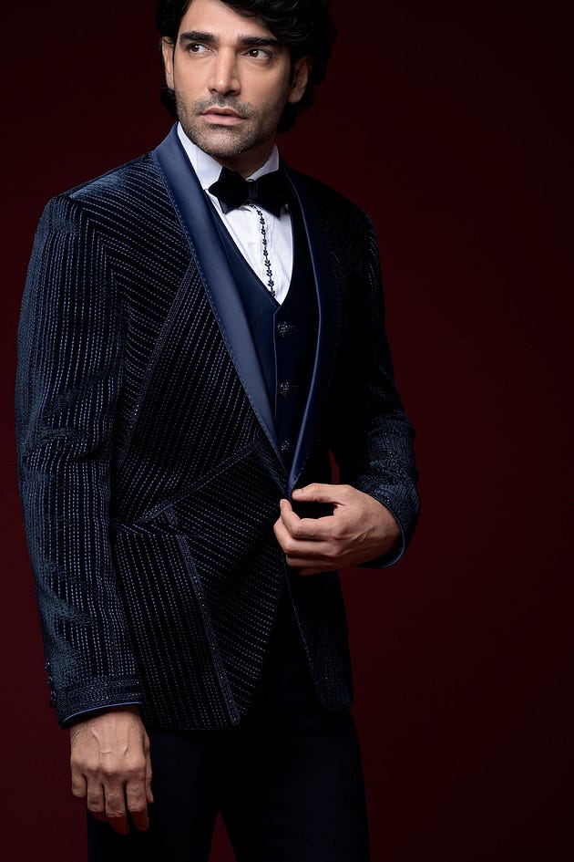 Midnight Blue Thread Embroidered Velvet Tuxedo Suit, tuxedo, tuxedo suit for men, tuxedo suit, buy tuxedo, buy tuxedo suit, buy tuxedo suit for men, buy black tuxedo, buy premium tuxedo suit, tuxedo suit for wedding, tuxedo for ring ceremony, tuxedo for reception, tuxedo for engagement, tuxedo for cocktail party, Slim Fit Tuxedo Suit, Tuxedo Suit in 38 Size — (40 to 60), Tuxedo Suit in 38 Size — (S, M, XL — 10XL), Plus Size Tuxedo Suit, Plus Size Suit, Suit For Men, Plus Size Suit For Men