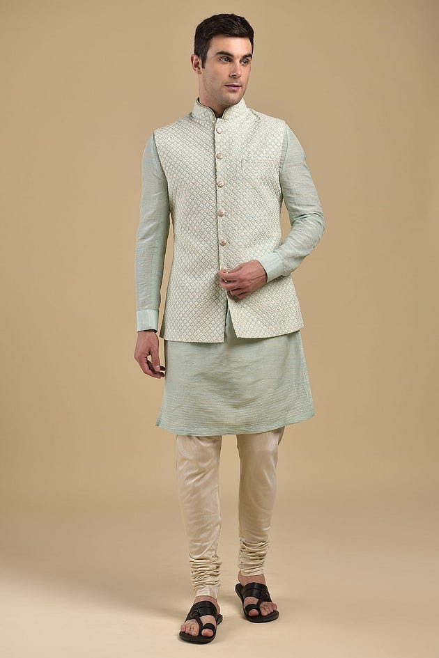 Light Mint Green Thread Embroidered Raw Silk Waistcoat Kurta-KR899