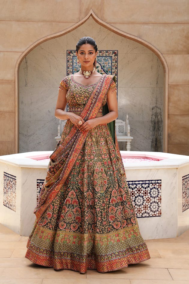 Green Ombre Printed Silk Mehendi Lehenga from samyakk