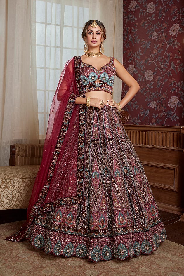 Red Sangeet Lehenga with Stone Work and Leaf Neck Blouse , Embroidered Lehenga, Bridal Lehenga, Wedding Lehenga, Reception Lehenga, Engagement Lehenga, Mehendi Lehenga, Banarasi Lehanga