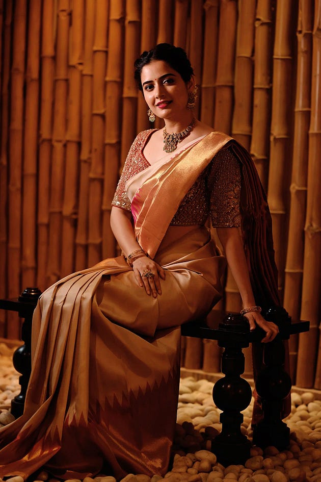 Breathtaking Ashika Ranganath in Samyakk’s Beige & Gold Zari Woven Kanchipuram Silk Saree