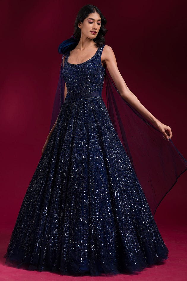 Dark Navy Blue Sequins Embroidered Net Reception Gown-HM3009