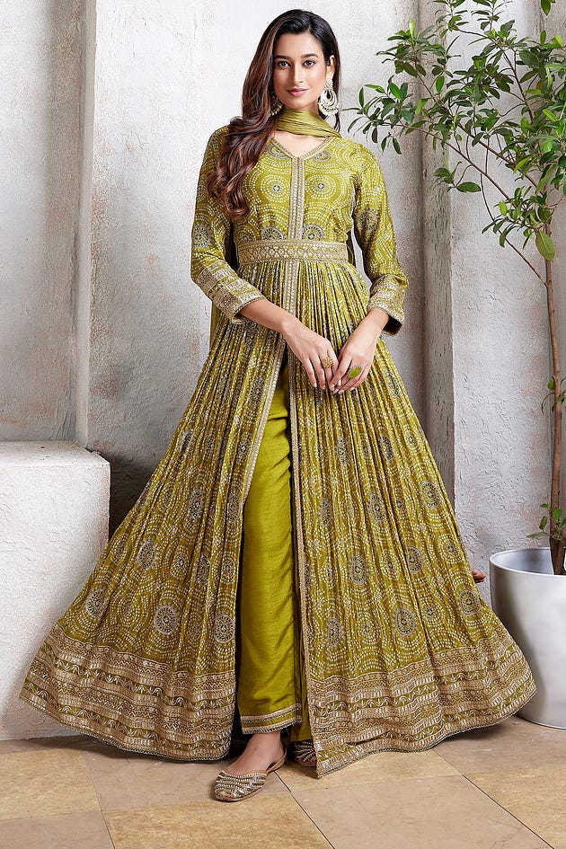 Green Bandhani Printed Crepe Straight Cut Suit with Leaf Neck-SL14059