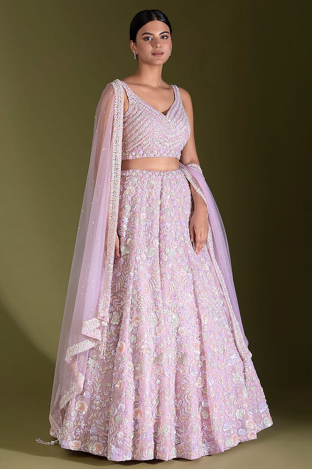 Pale Pink Sequins Embroidered Net Reception Lehenga