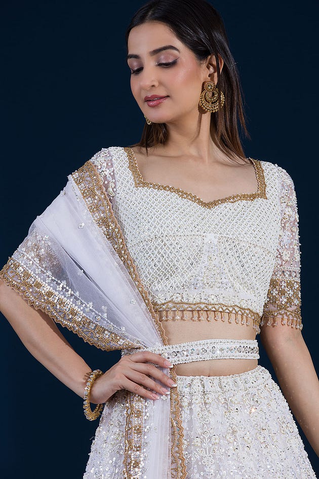 Exclusive Bridal Lehengas for UK Brides, Off-White Sequins Embroidered Net Exclusive Bridal Lehenga