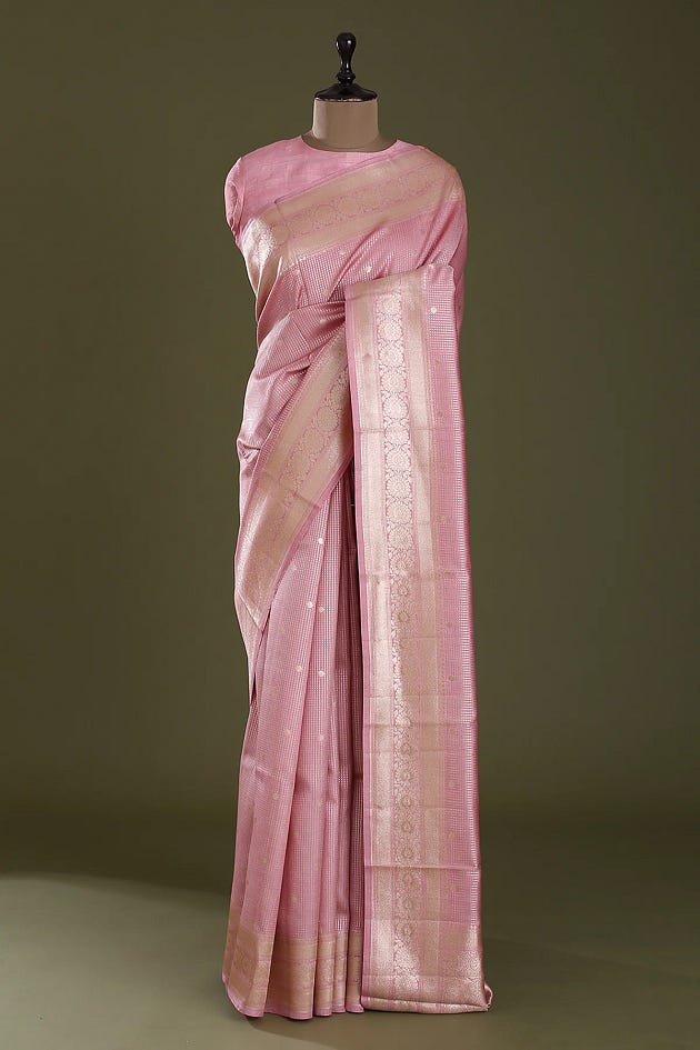 Orchid Smoke Pink Zari Woven Silk Saree With Unstitched Blouse