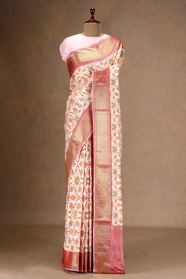 Cream Zari Woven Ikkat Silk Saree with Unstitched Blouse-GH6770