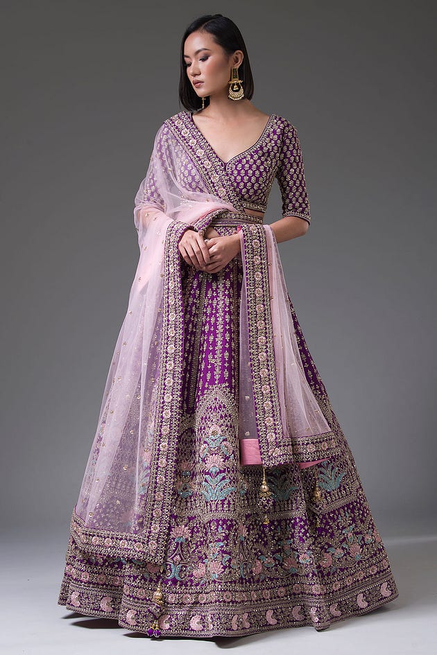 Deep Violet Sequins Embroidered Silk Bridal Lehenga from samyakk