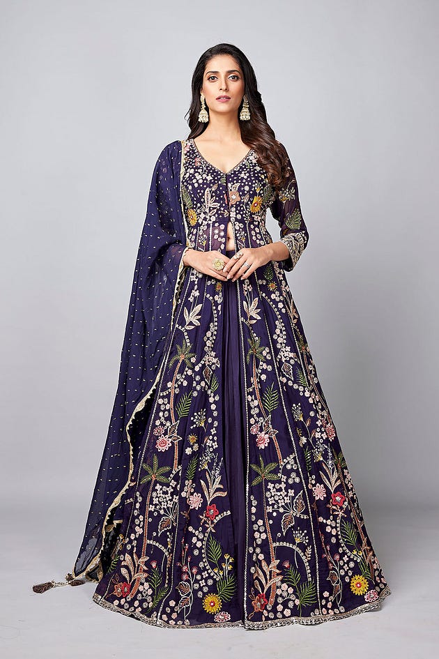 Dark Navy Blue Organza Resham Work Indowestern Lehenga With Heavy Embroidered Jacket from Samyakk