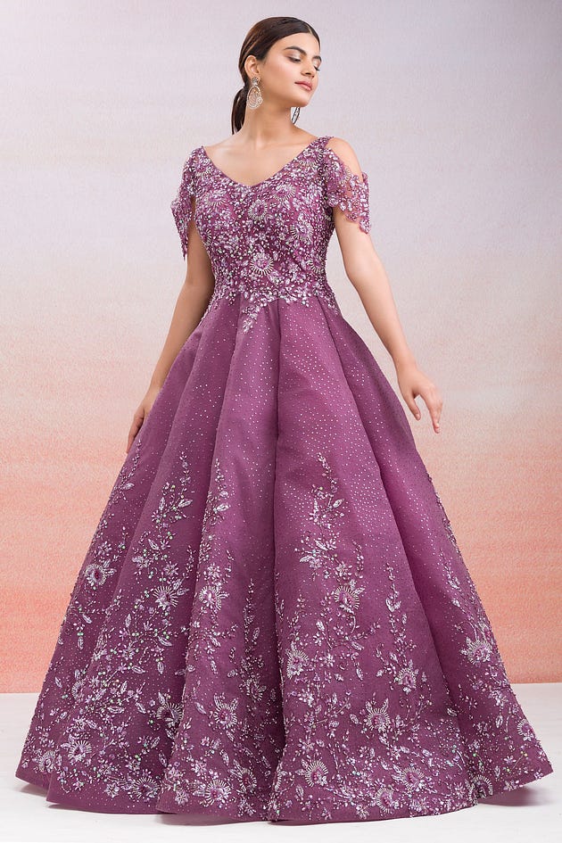 Raspberry Purple Sequins Embroidered Net Reception Gown from samyakk