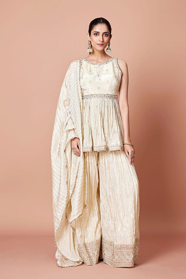 Cream Tissue Palazzo Suit With Zardosi Work And Jewel Neck-SL13911