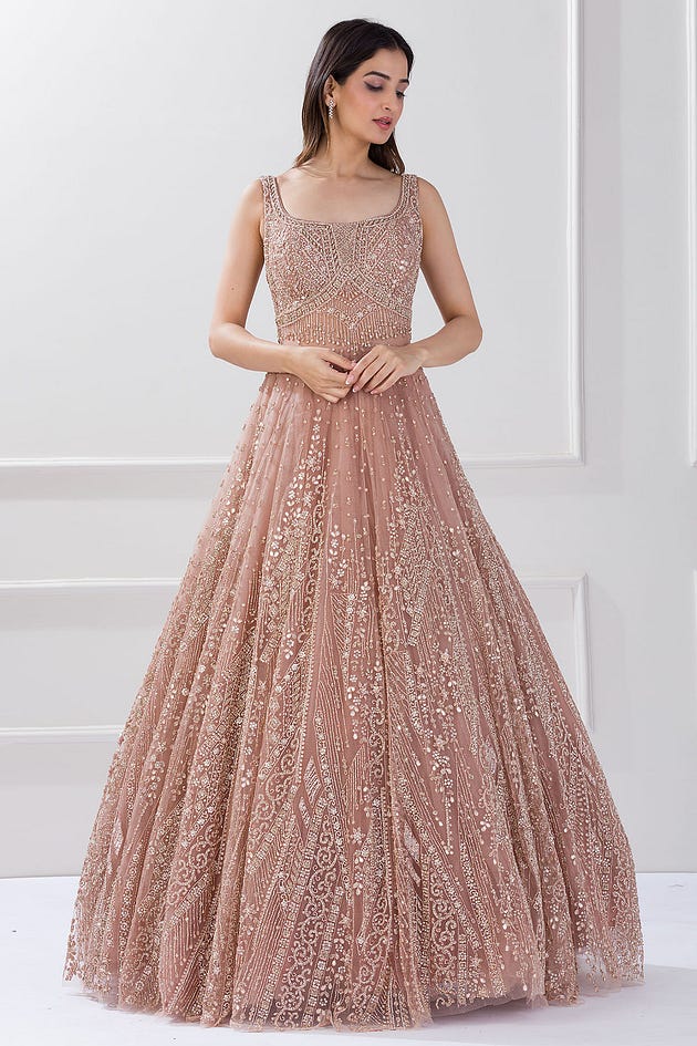 Pale Mauve Pink Sequins Embroidered Net Cocktail and Evening Gown from samyakk