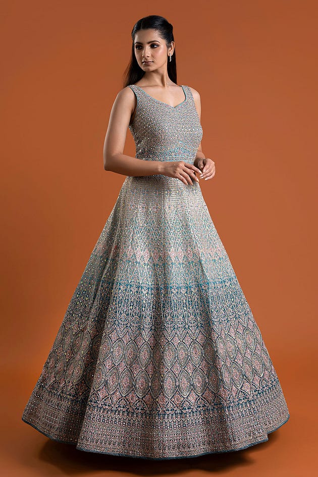 Light Blue Mirror Embroidered Silk Indowestern Gowns -NG1334