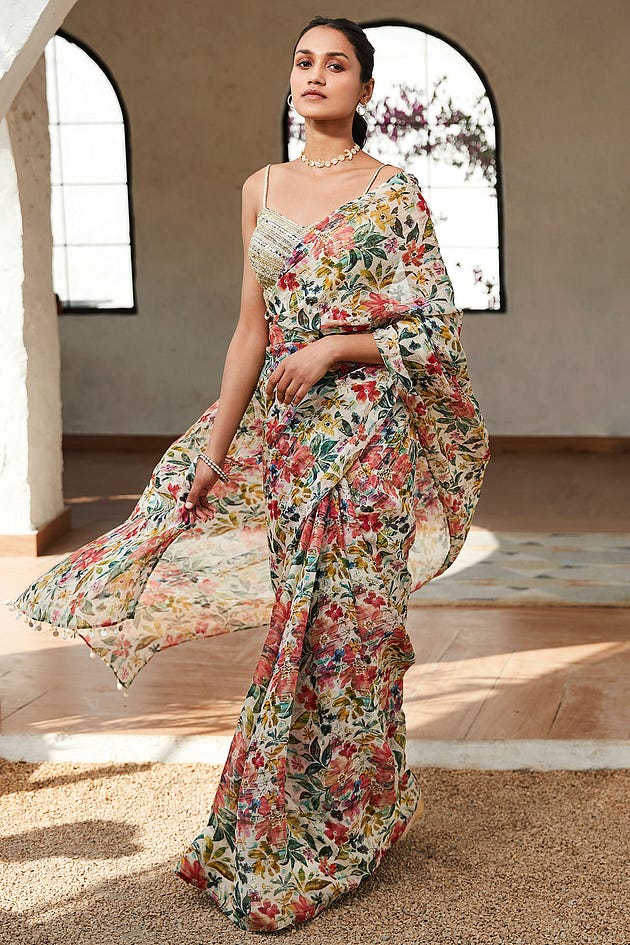 Light Beige Printed Georgette Saree | Georgetta Saree | Beige Saree | Colorful Sarees | Multicolor sarees | Sarees | Online Saree Shopping | Saree Online | Designer Sarees | Samyakk sarees | Daily use sarees | Party wear sarees