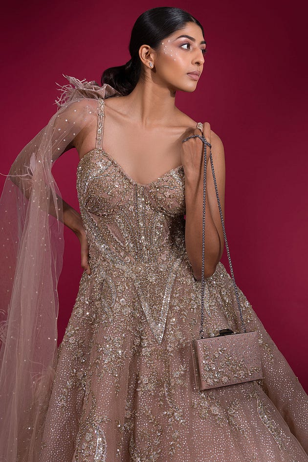 Dusty Pink Sequins Embroidered Net Cocktail Gown with matching handbag from samyakk