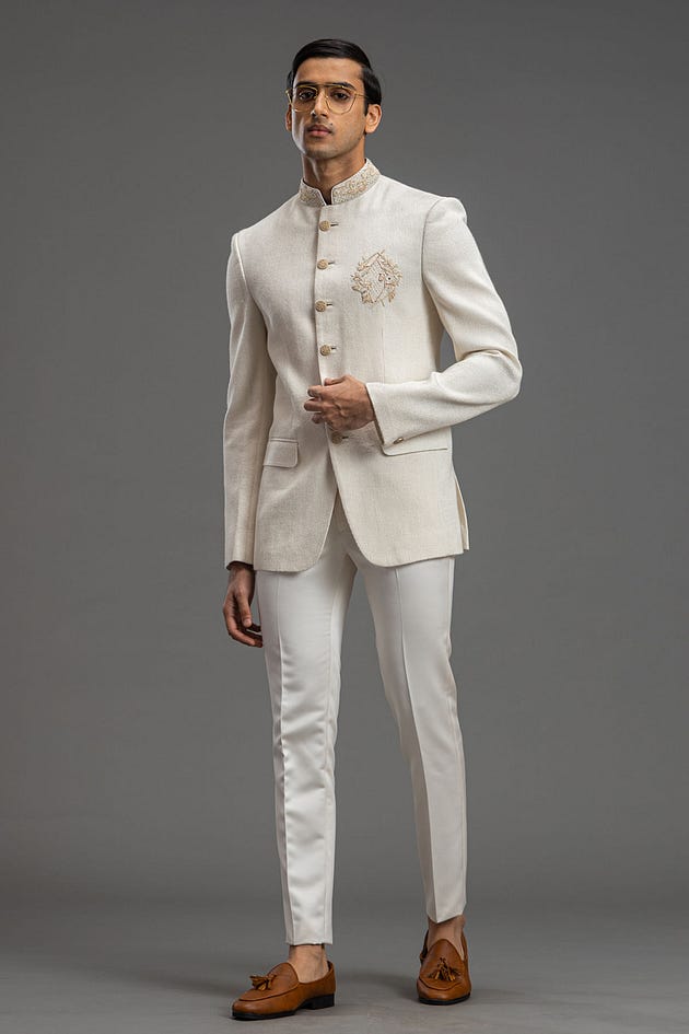 Off-White Zardosi Embroidered Raw Silk Jodhpuri Suit | Jodhpuri Suit | White Jodhpuri Suits | White Wedding Suit | | Zardosi Suit | Wedding Suit for Men | Jodhpuri Wedding Suits | Waist Coat