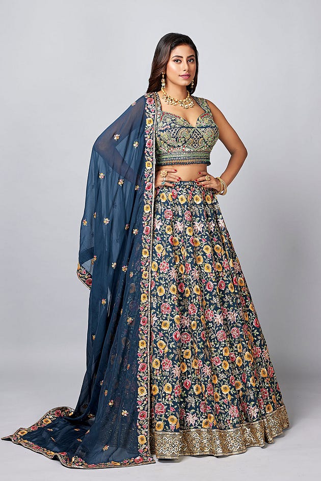 Prussian Blue Umbrella Style Crepe Bridesmaids Lehenga With Sweet Heart Neck Blouse from Samyakk