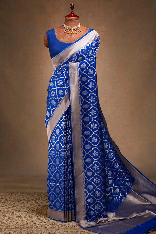 Bright Blue Zari Woven Banarasi Silk Saree With Unstitched Blouse, Blue Banarasi silk saree, Banarasi blue saree, Banarasi saree