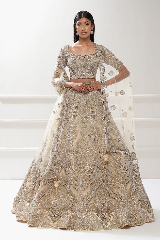 Cream Sequins Embroidered Net Reception Lehenga-HE4289