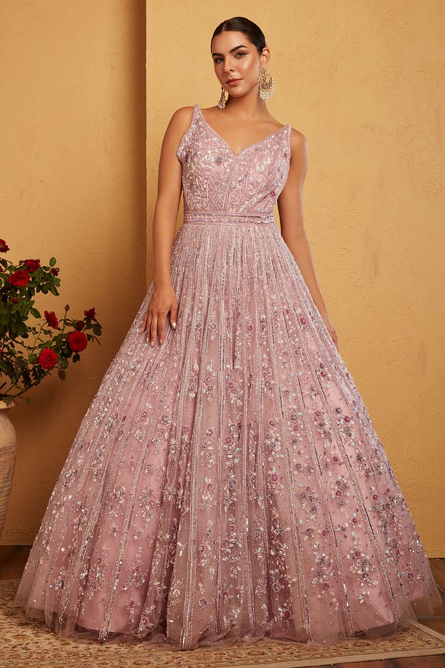Powder Pink Sequins Embroidered Net Reception Gown from samyakk