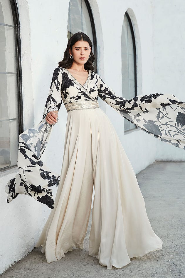 Ivory & Black Printed Embroidered Crepe Jumpsuit-SL13361
