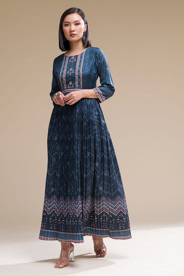 Dark Prussian Blue Printed Crepe Kurti from Samyakk