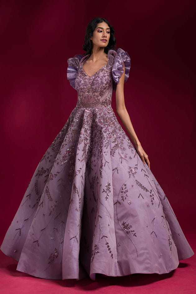 Dusty Purple Sequins Embroidered Net Cocktail Gown-HM3015