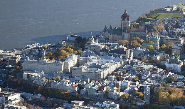 That jumble of buildings facing every which way is my old high school. The leftmost building, thw one with the spire is where the collegiate was, my favourite memory from my schooling days. And behind the ensemble, you may recognize le Château Frontenac, one of Quebec City’s most famous landmarks (along with its bridge, and its famous citadel) in the top right corner. That water is the St-Lawrence River, flowing from top right to lower left. If you ever visit, you may witness the water going in the opposite direction. It’s the tide, coming in from as far as 600–800 Km from the Atlantic. Source: Petit Séminaire de Québec.