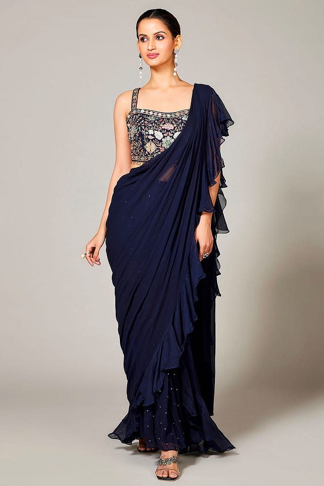 Dark Navy Blue Sequins Embroidered Georgette Drape Saree, designer sarees