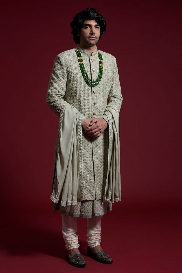 Sage Green Thread Embroidered Raw Silk Wedding Sherwani-SH1345