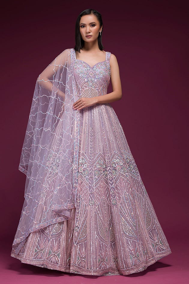 Light Lavendar Sequins Embroidered Net Bridal Gown