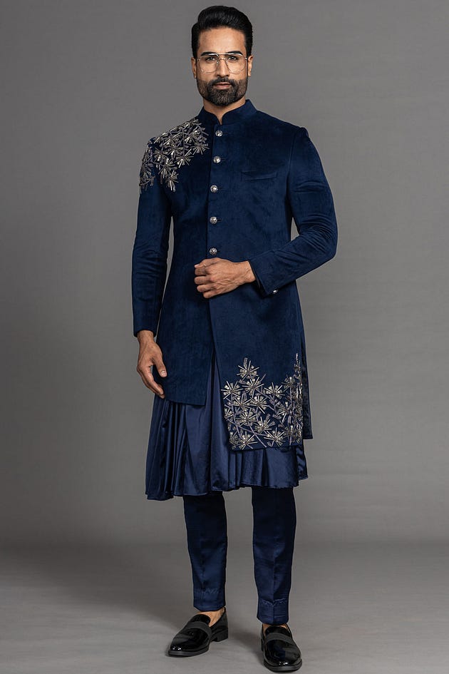 Dark Navy Cutdana Embroidered Suede Indowestern Sherwani