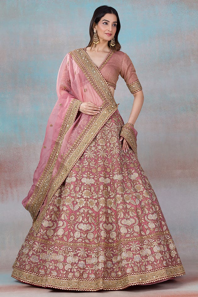 Desert Rose Pink Sequins Embroidered Organza Exclusive Bridal Lehenga