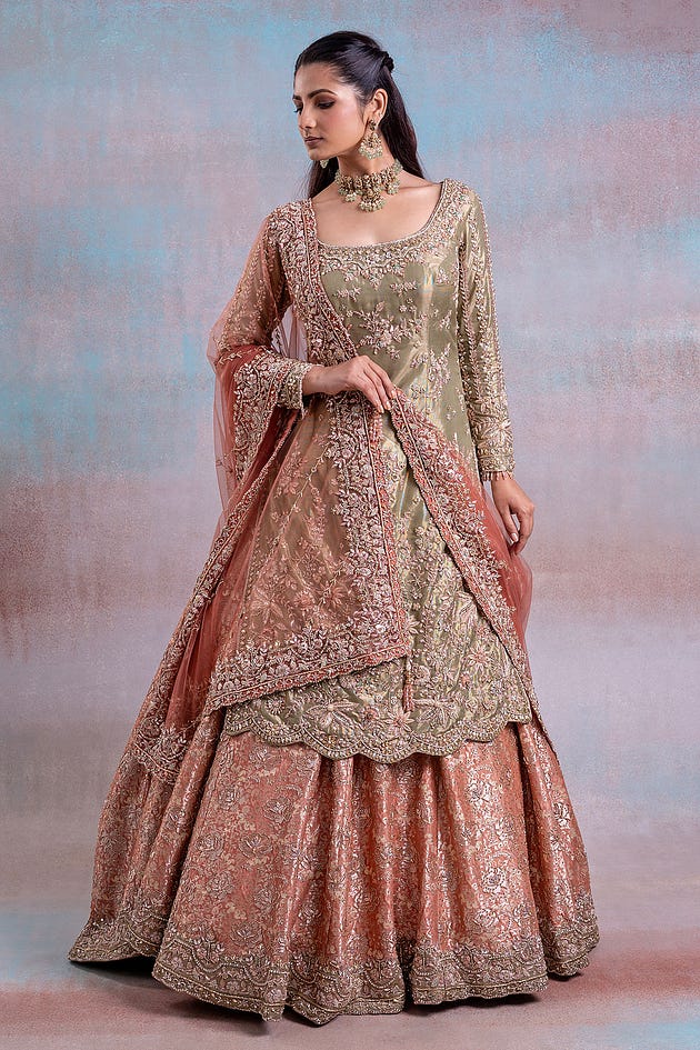 Canyon Clay Pink Sequins Embroidered Tissue Silk Jacket Lehenga, jacket Lehenga