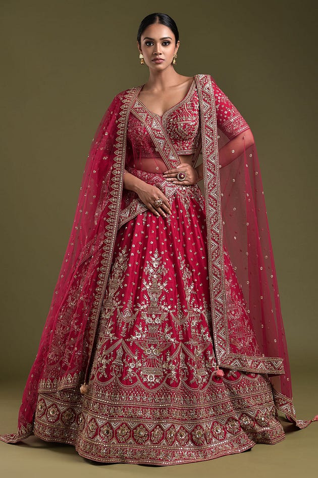 Vermilion Red Sequins Embroidered Raw Silk Bridal Lehenga, Silk Bridal Lehengas in USA, UK and Australia